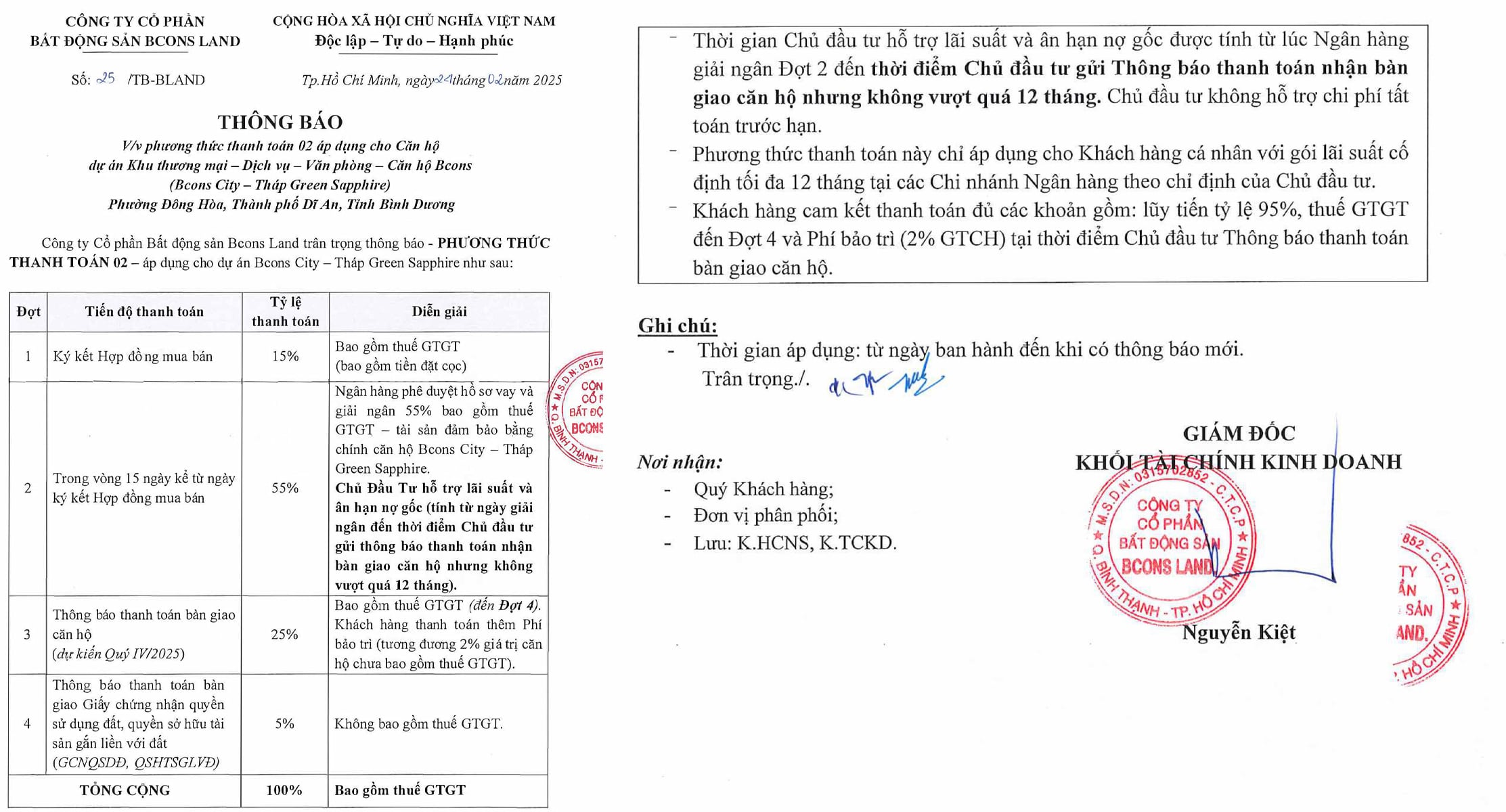 Chính sách thanh toán trả trước 15 phần trăm