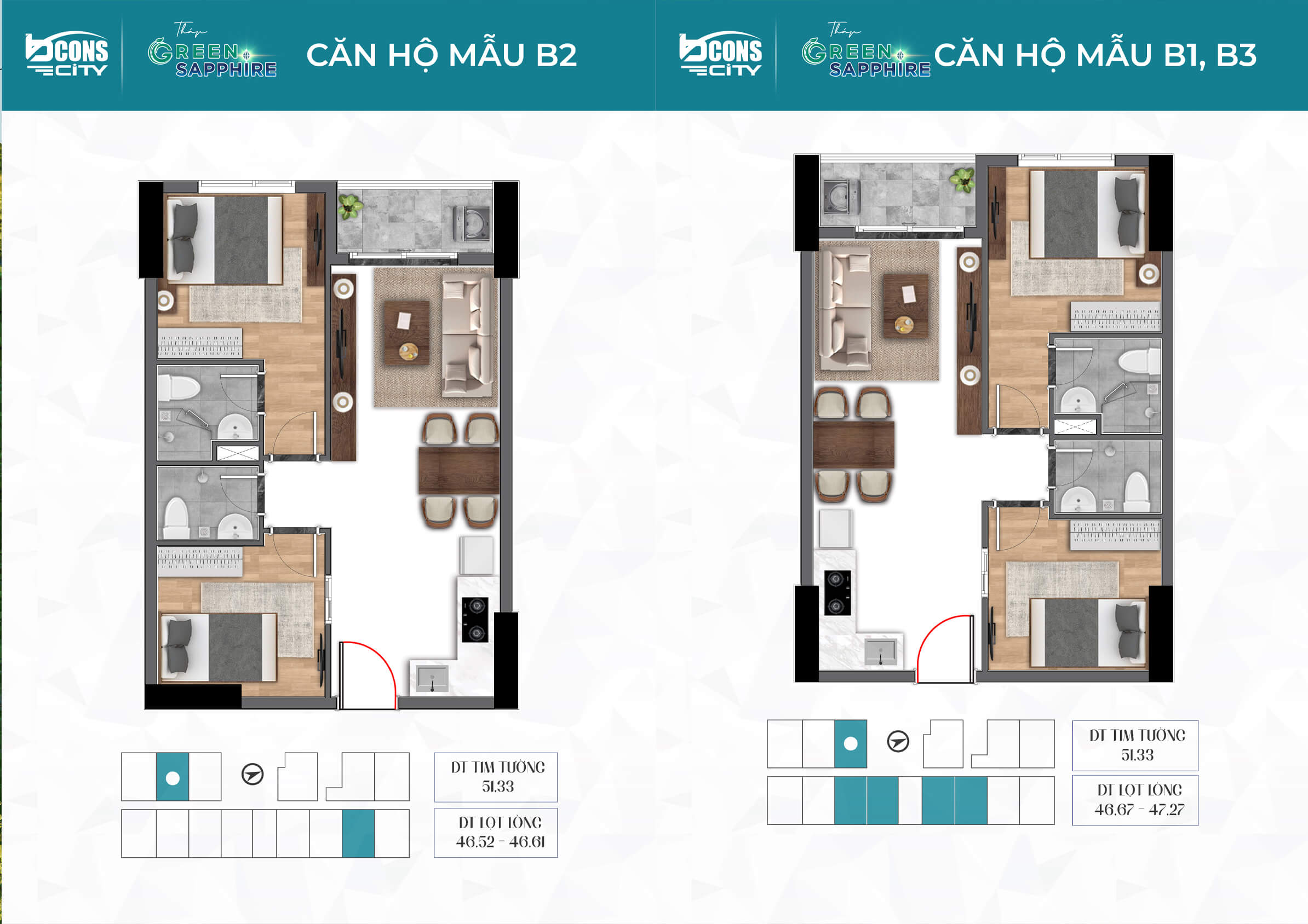 Mẫu thiết kế căn hộ 2 phòng ngủ diện tích 51m2