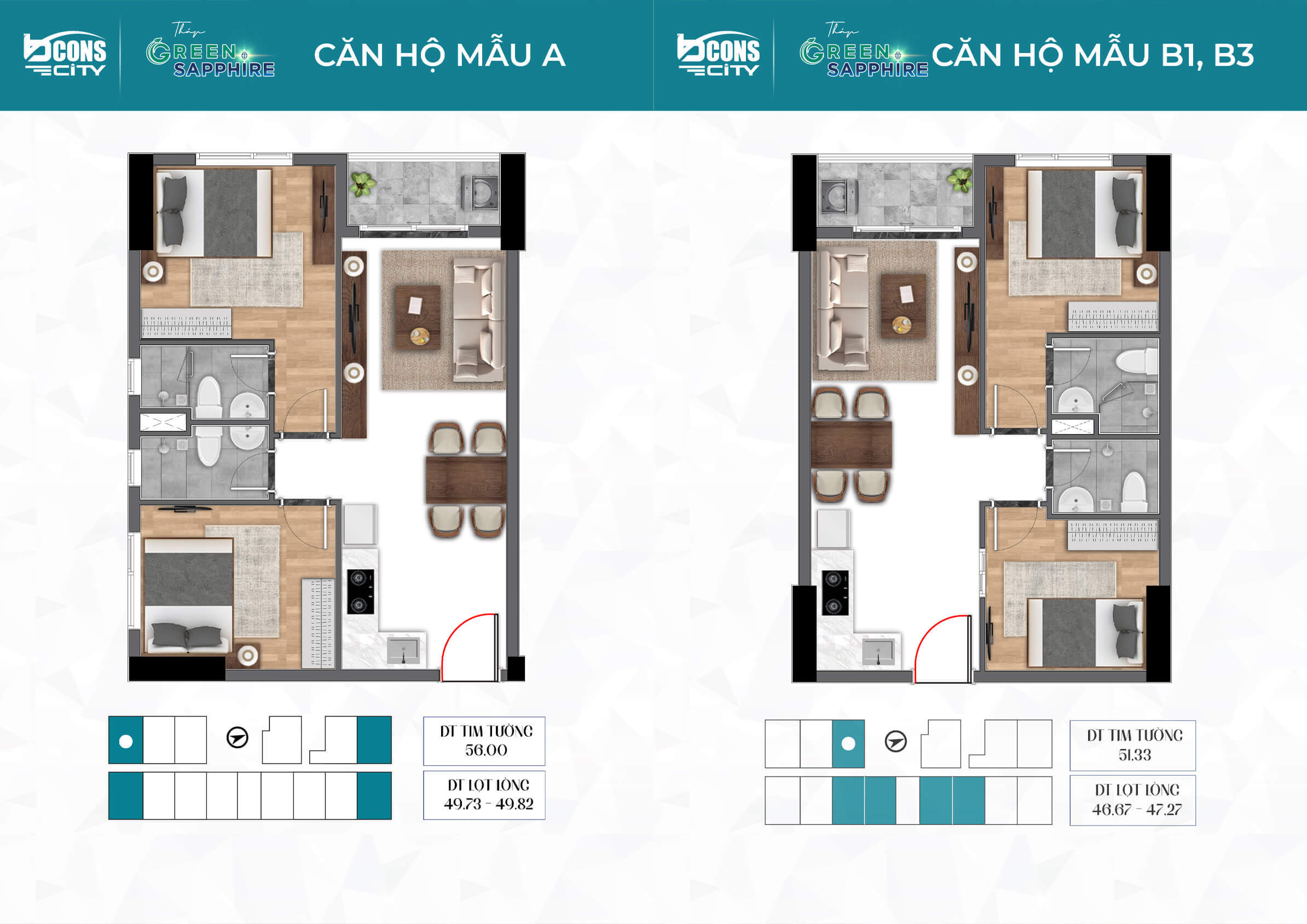 Mãu thiết kế căn hộ 2 phòng ngủ diện tích lớn
