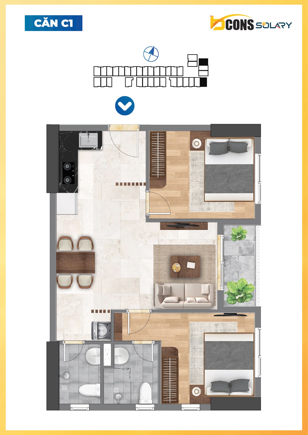 2 Phòng Ngủ 2 WC layout C