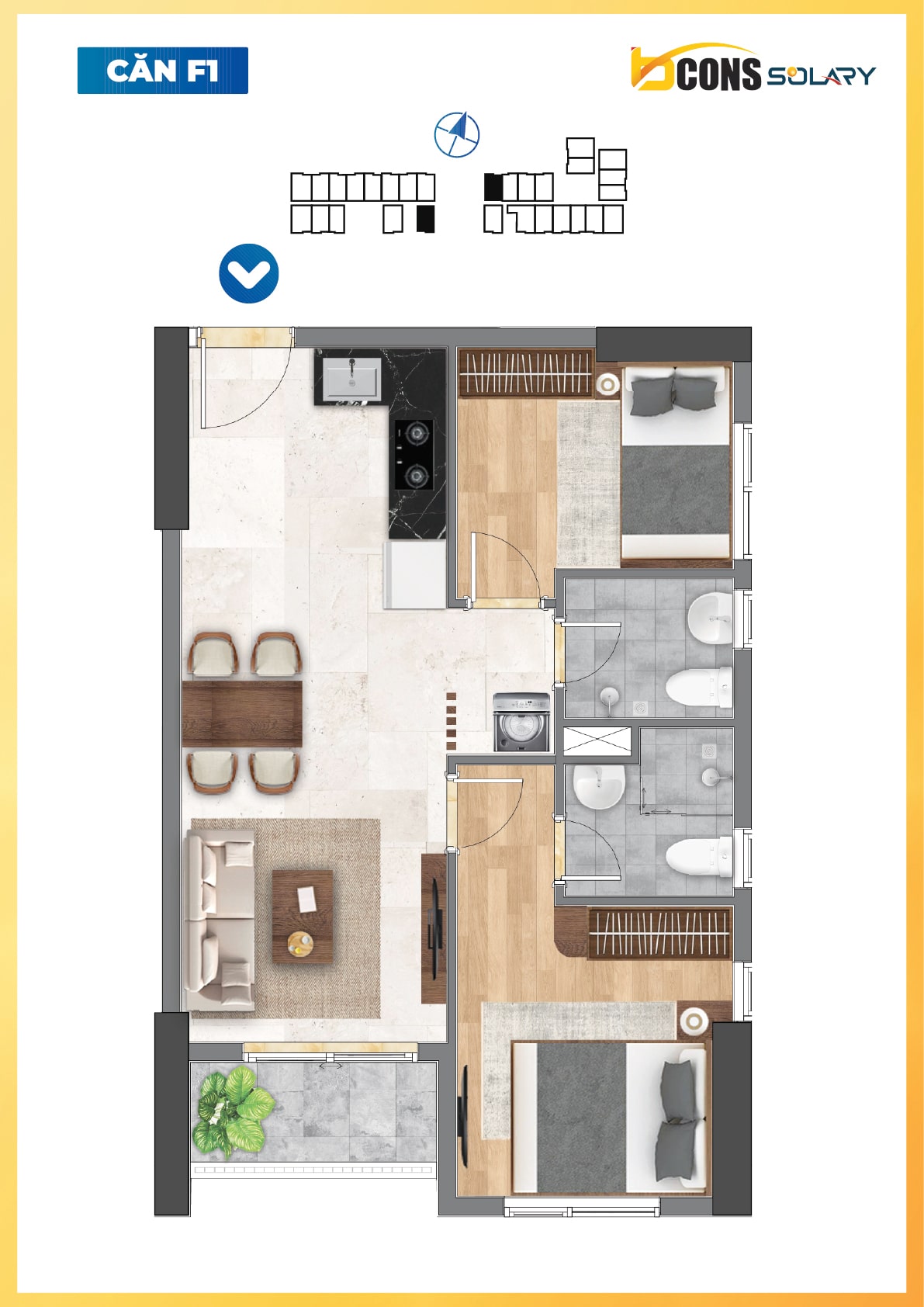 2 Phòng Ngủ 2 WC layout F1