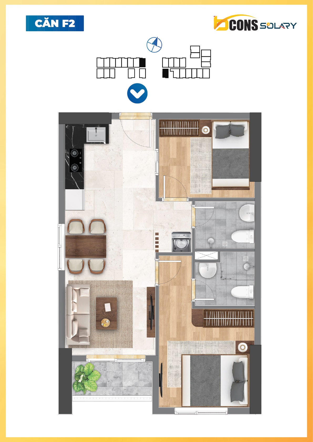 2 Phòng Ngủ 2 WC layout F2